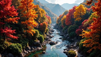 A panoramic view of a vibrant autumn forest, with fiery red, orange, and yellow leaves covering the treetops, and a winding river reflecting the brilliant colors of the foliage