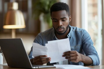 Young african man sitting at table with modern laptop in home office, reading paper mail, holding document or bills, thoughtful guy got bad news, notice of, Generative AI