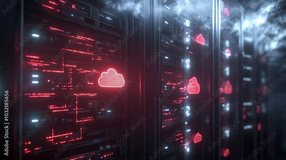 Poster digital illustration of cloud computing technology with glowing data streams and icons representing 
