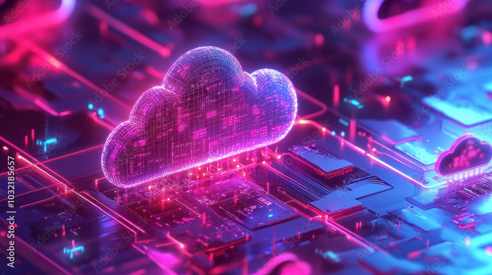 Poster digital illustration of cloud computing technology with glowing data streams and icons representing 