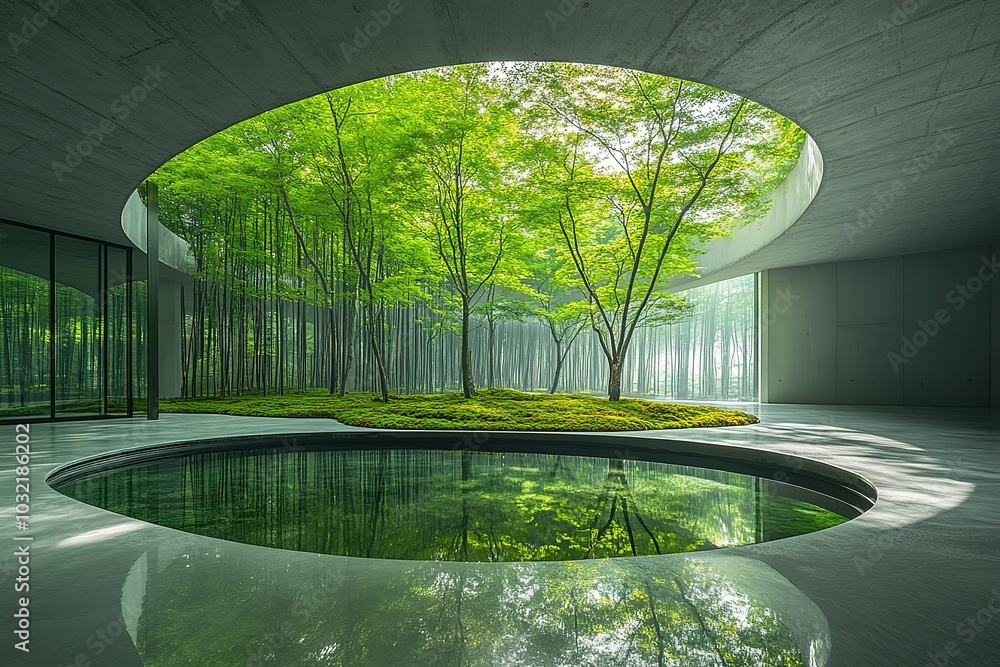 Poster a large, circular pool with trees surrounding it