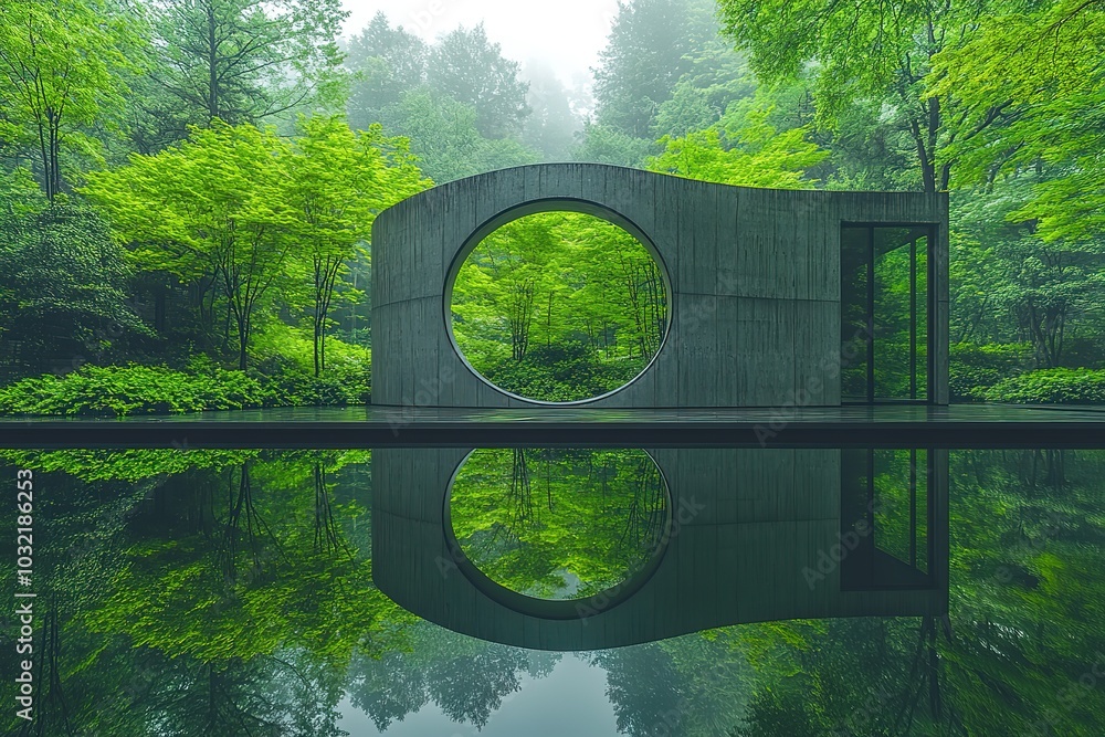 Poster a large circular structure with a pond in front of it