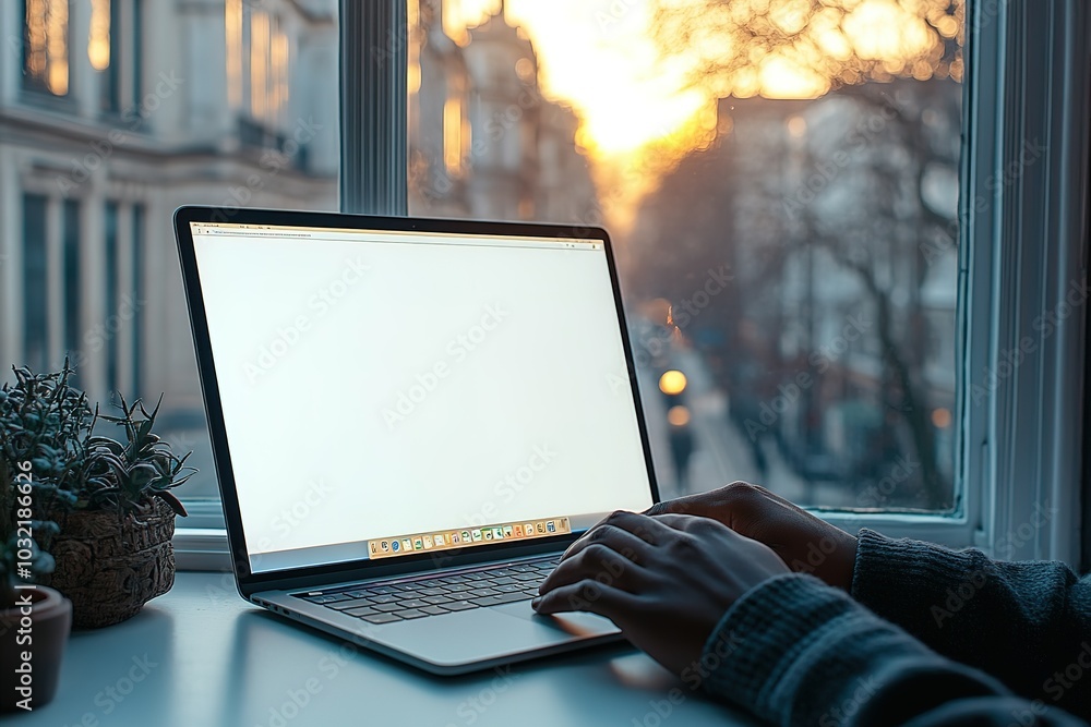 Poster a person is typing on a laptop with a window behind them
