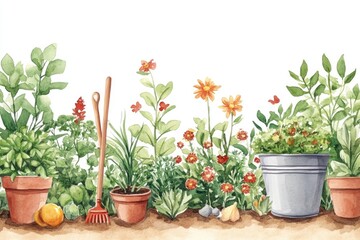 Fototapeta premium Spring Gardening Scene. Hand-drawn Watercolor Illustration of Garden Work with Floral Decorations on White Background