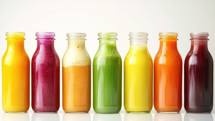 Assortment of colorful smoothies in glass bottles on a textured background.