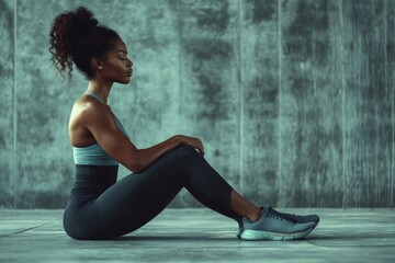A black woman is doing stretching exercises touching her shoes and looking away against a gray wall, Generative AI