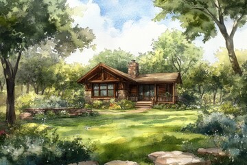 Fototapeta premium Country Cabin Retreat in Lush Garden Setting, Hand-painted Watercolor Artwork