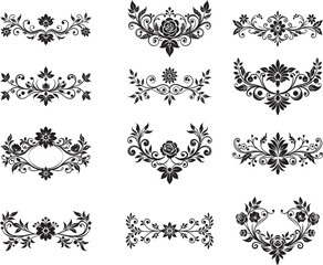 Black and white vector design of floral elements, serving as decorative border dividers with intricate patterns