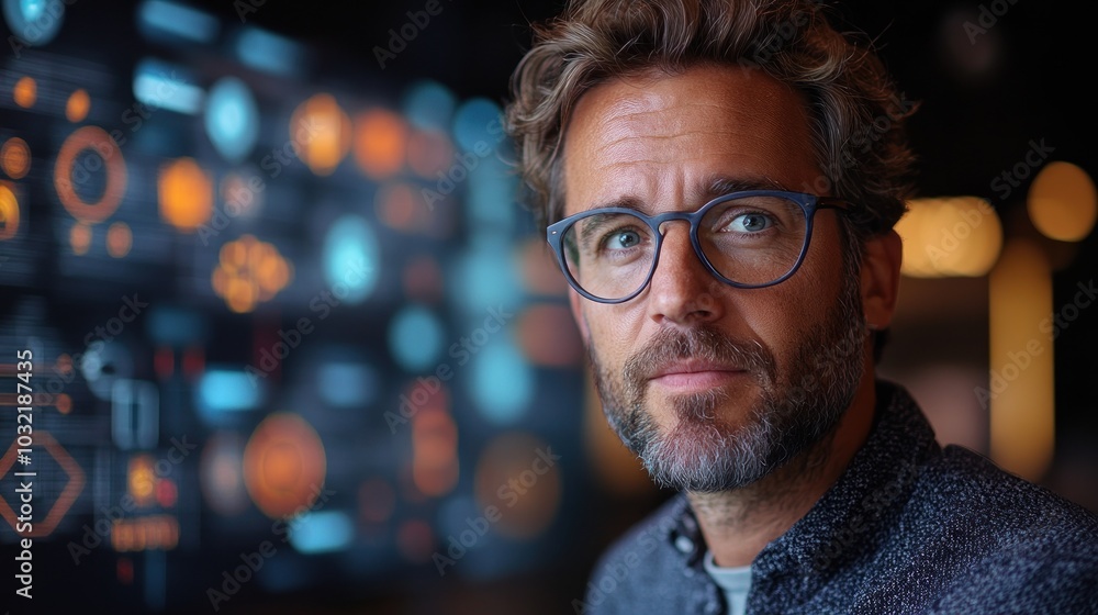 Aufkleber a serious-looking man with glasses stands in front of a digital screen with a complex interface.