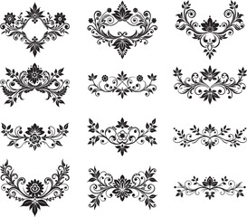 Black and white vector design of floral elements, serving as decorative border dividers with intricate patterns