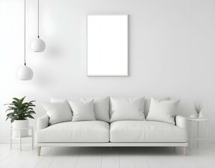 A modern living room with a large white sofa, a blank framed canvas on the wall, and minimalist decor.