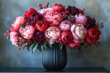 A vase filled with red and pink flowers