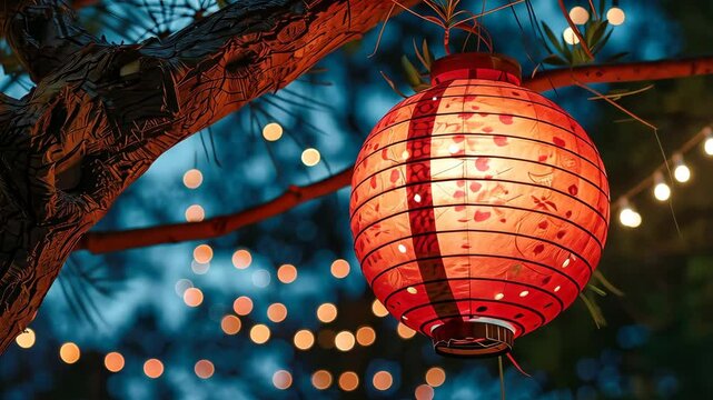 Red paper lantern hanging from tree with bokeh lights, festive evening setting. Cultural celebration and ambiance concept.