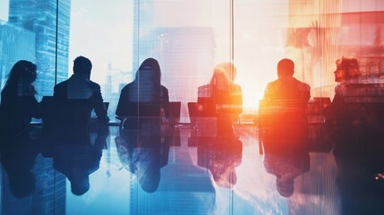 Double exposure image of many business people conference group meeting on city office building in background showing partnership success of business deal. Concept of teamwork