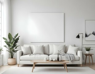 A modern living room with a large white sofa, a blank framed canvas on the wall, and minimalist decor.