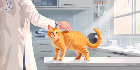 A vet examining a sick kitten, its yellow fur contrasting against the sterile white background of the clinic.