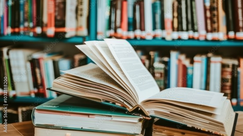 Poster an open book resting on a stack of books in front of a bookshelf