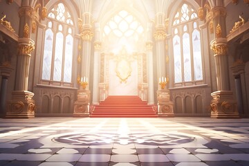 Obraz premium A beautiful fantasy interior of an empty throne room, with a marble floor featuring intricate patterns and silver trim