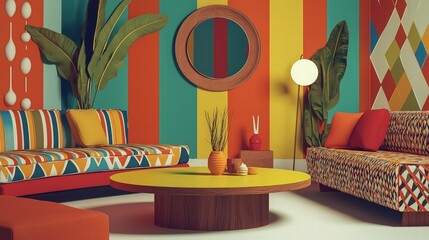 Colorful living room interior with two sofas, a coffee table, and plants.
