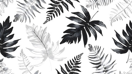 Seamless pattern with black and white tropical leaves on a white background.