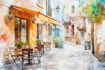 Fototapeta premium European Summer Terrace Cafe Scene. Watercolor Illustration of Cozy Sidewalk Bistro in Paris