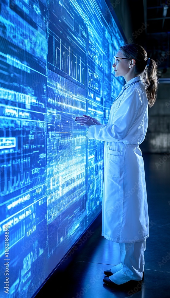 Poster scientist working with interactive touchscreen display for data analysis, research, and development.
