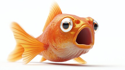 3D fish with bulging eyes and open mouth in surprise, white background