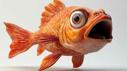 3D fish with bulging eyes and open mouth in surprise, white background