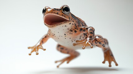 3D frog with mouth open in surprise, midjump, white background