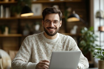 Smiling man shopping online or e-purchasing, making online payments, paying for services or goods, self-employed freelancer collecting fee, Generative AI