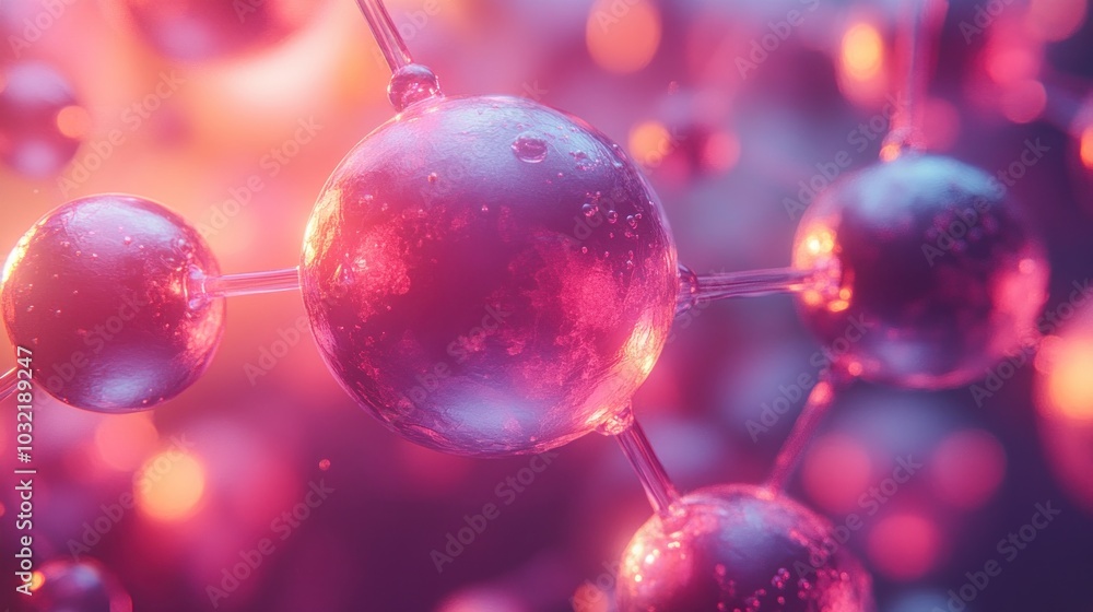 Poster abstract molecular structure with shiny spheres interconnected by lines, illuminated in pink and ora