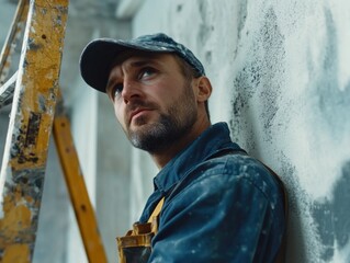 Construction Worker in Ladder Safety Gear