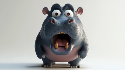 3D hippo with wide eyes and open mouth, looking shocked, white background