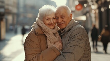 family, age, tourism, travel and people concept - senior couple hugging on city street