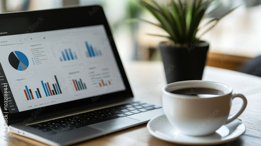 Poster a laptop displaying charts and graphs with a cup of coffee on the table.