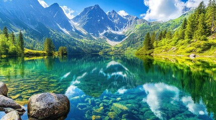 Fototapeta premium Mountain Lake with Clear Water Reflections