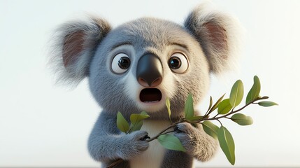 3D koala clutching a tree branch in shock, wideeyed expression, white background