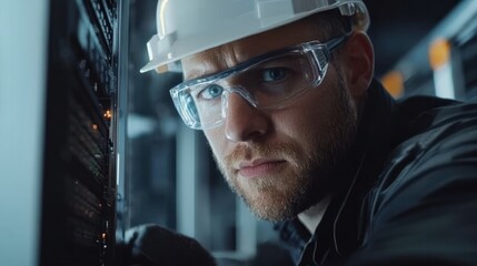 Focused Technician: A dedicated IT professional in a hard hat and safety glasses diligently works on a server rack