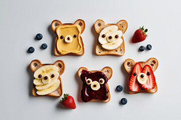Funny animal faces sandwiches with peanut butter, banana and strawberries on grey background. AI generated