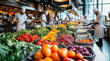 Local chefs engage in selecting vibrant, fresh ingredients in a bustling kitchen environment, showcasing the art of culinary preparation and teamwork.