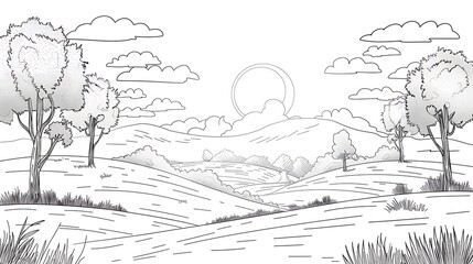 A beautiful landscape with rolling hills, a glowing sun, and fluffy clouds. The perfect backdrop for a relaxing day in the country.