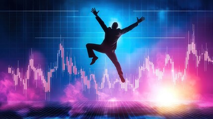 Naklejka premium Bullish economic stock, An investor rejoices celebrating success over profits realized from bullish positions in emerging markets, where economic development spurs significant stock appreciation.