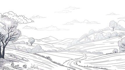 Serene countryside landscape with rolling hills and a winding road. The perfect setting for a relaxing getaway.