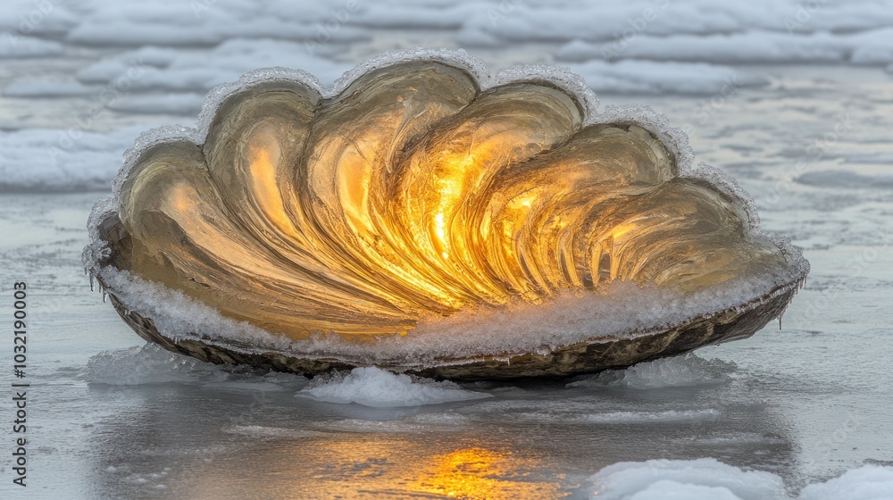 Poster a large seashell rests on a frozen lake, glowing with a golden light. the shell is covered in snow a