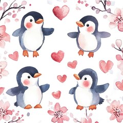 Fototapeta premium Whimsical Watercolor Pattern of Adorable Penguins, Hearts, and Pink Flowers. Ideal for Greeting Cards and St. Valentine's Day Posters