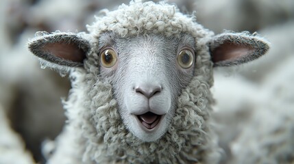 3D sheep with wool fluffed up, startled expression, white background
