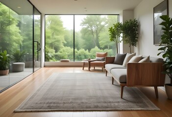A cozy living room with a large area rug, a wooden bench , and a view of the lush greenery outside through a glass wall.