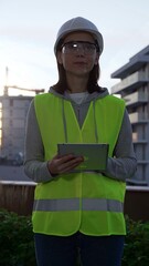 Woman engineer wearing safety hard hat and vest holding digital tablet while inspecting a construction site at sunrise in early morning, front vertical view. Architecture concept