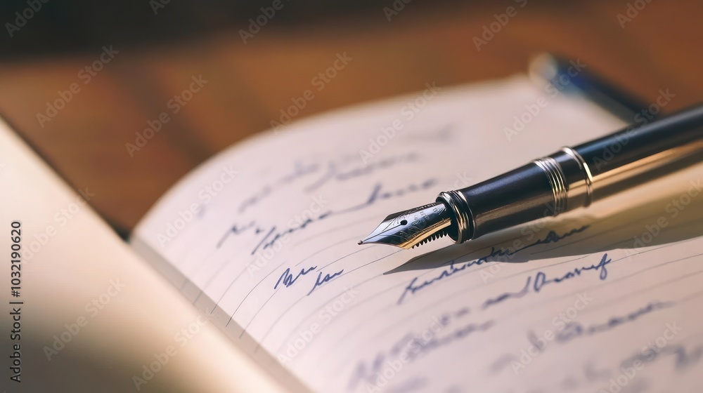 Poster a close-up of a fountain pen resting on an open notebook with handwritten text.