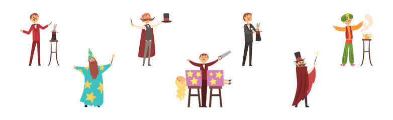 Man Magician and Illusionist Character as Circus Performer Vector Set